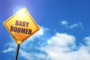 54935520 - baby boomer: yellow road sign with a blue sky and white clouds