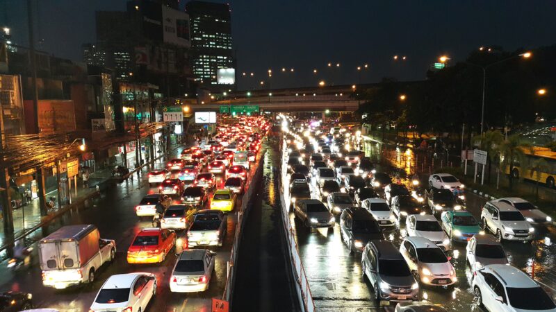 High Angle View Traffic City Street Night