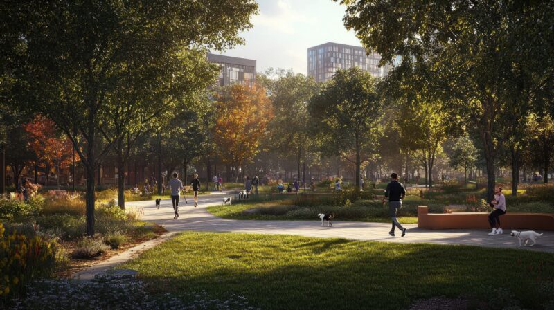 City Park With People Walking Building Background