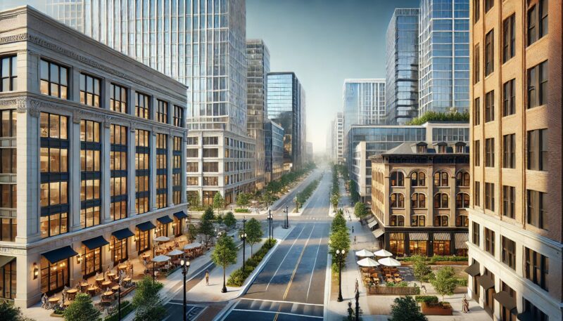 Modern Highrises Historic Buildings Unite Vibrant Urban Development Space