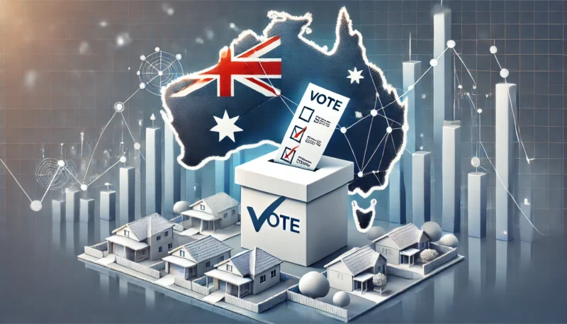 Dall·e 2025 03 19 08.49.17 A Professional Banner Image For An Article About The Impact Of Australia's Election On The Property Market. The Image Should Feature A Stylized Map Of