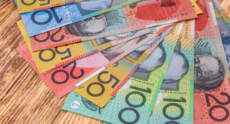 Colorful Australian Dollar Banknotes Close Up On Table