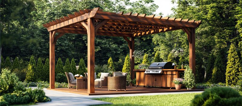Wooden Pergola With Patio Furniture And Grill In A Backyard Setting